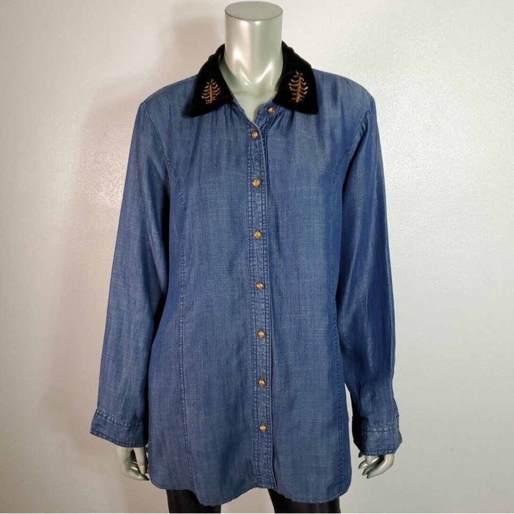 Soft Surroundings Top Size L Tunic Tencel Chambray Velvet Collar Beaded Blue